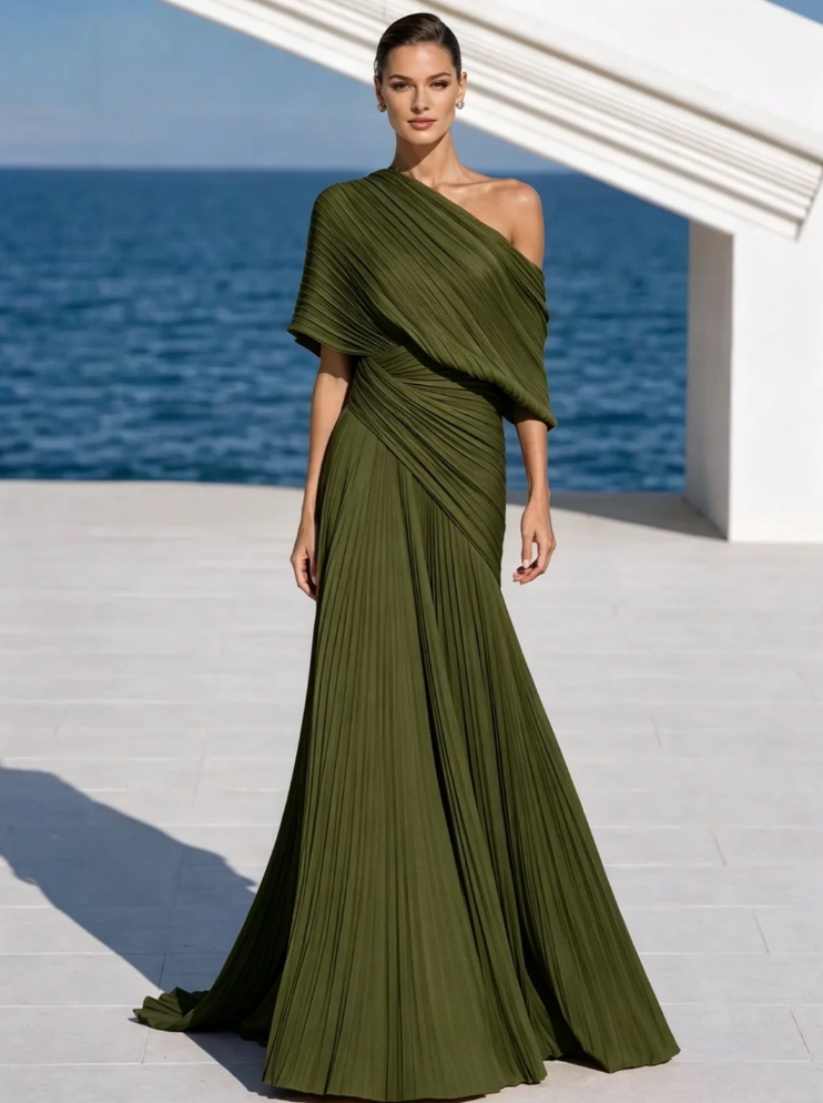 Vibrant Orange One-Shoulder Pleated Maxi Dress – Grecian Gown