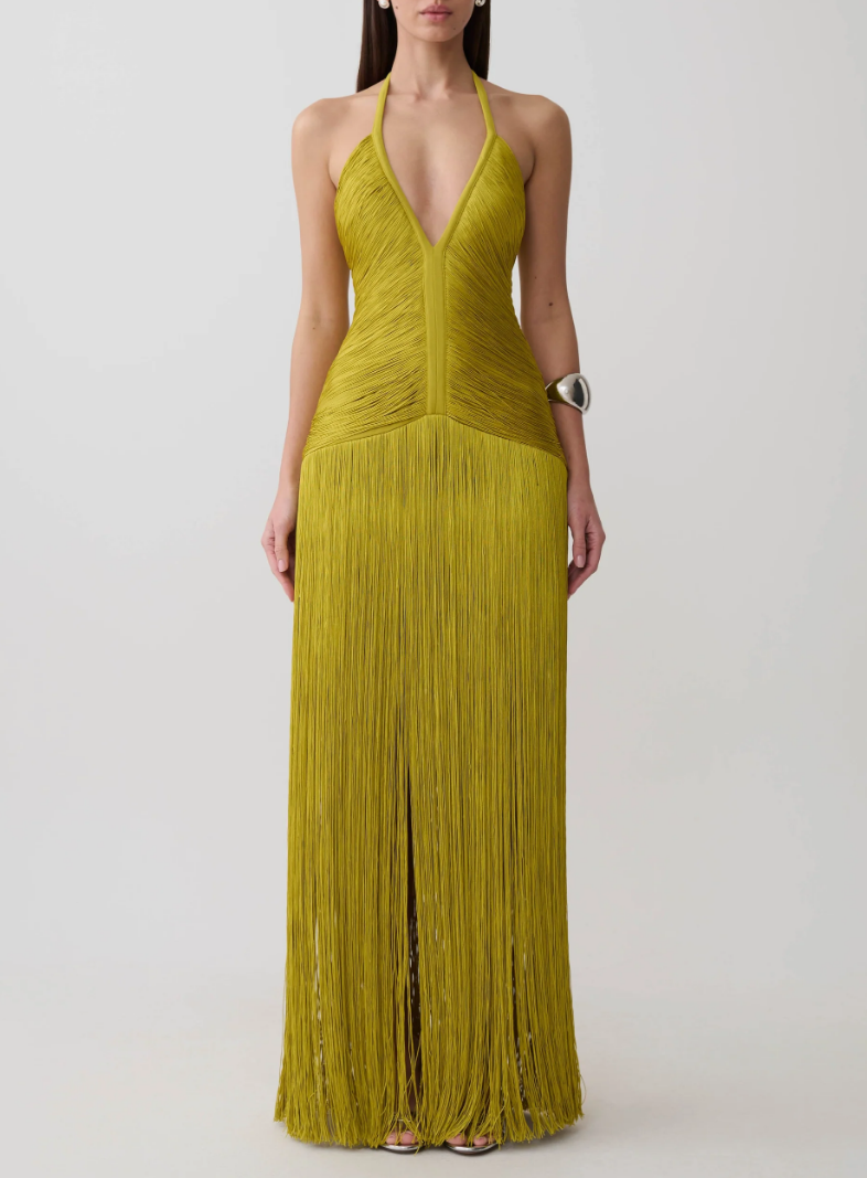 Halter Deep V Fringe Maxi Evening Gown