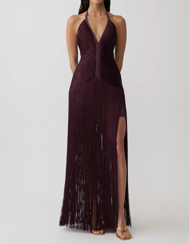 Halter Deep V Fringe Maxi Evening Gown