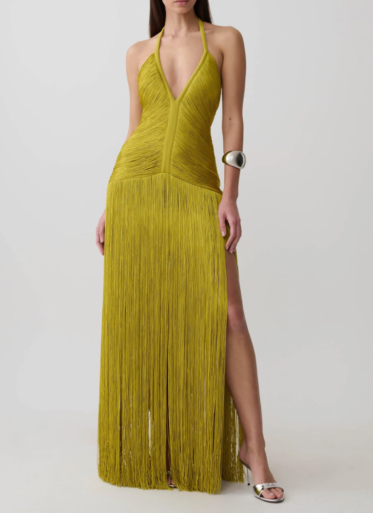 Halter Deep V Fringe Maxi Evening Gown