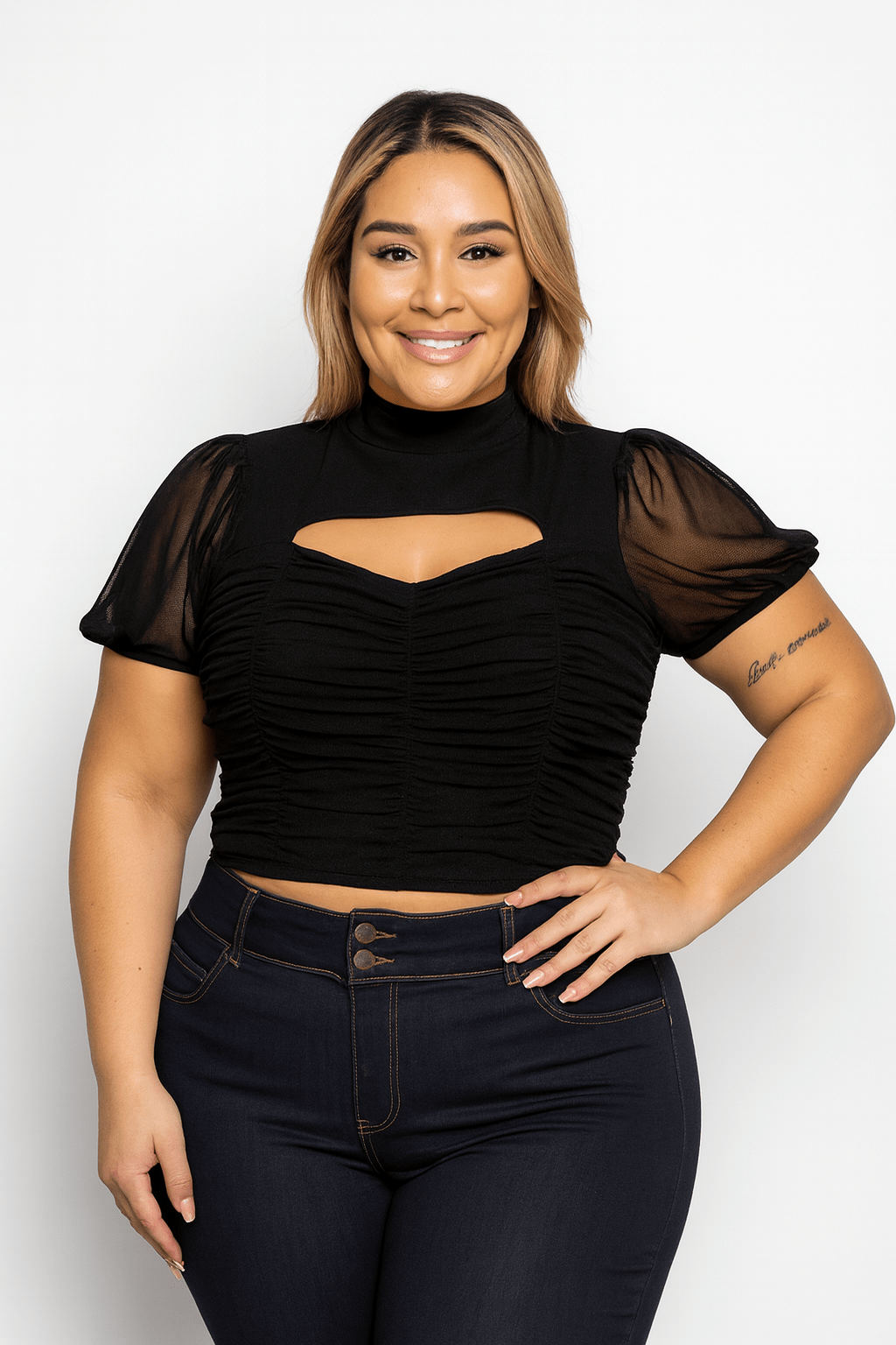 La Belle Nuit Sheer Sleeve Plus Size Top Black