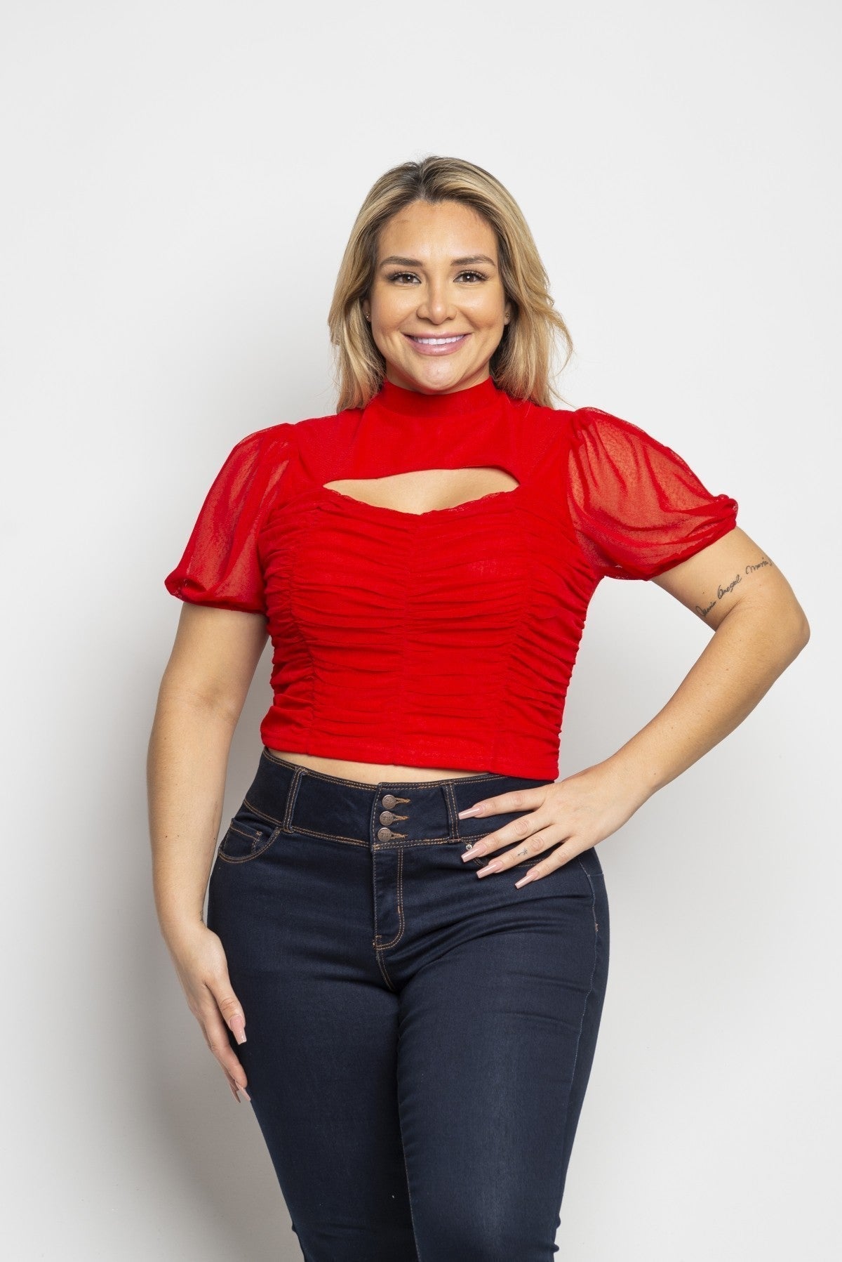 La Belle Nuit Sheer Sleeve Plus Size Top Red