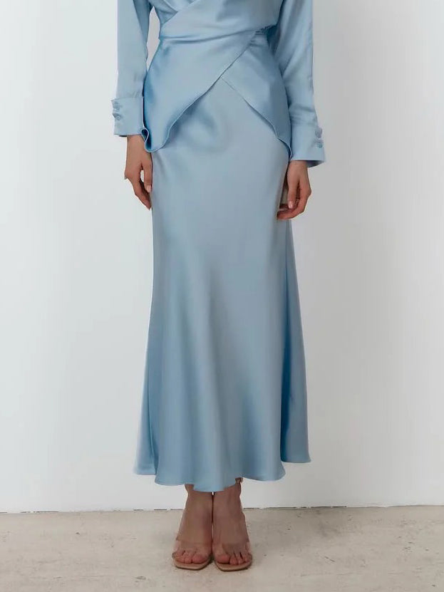 Elegant Draped Satin Mermaid Maxi Skirt Blue