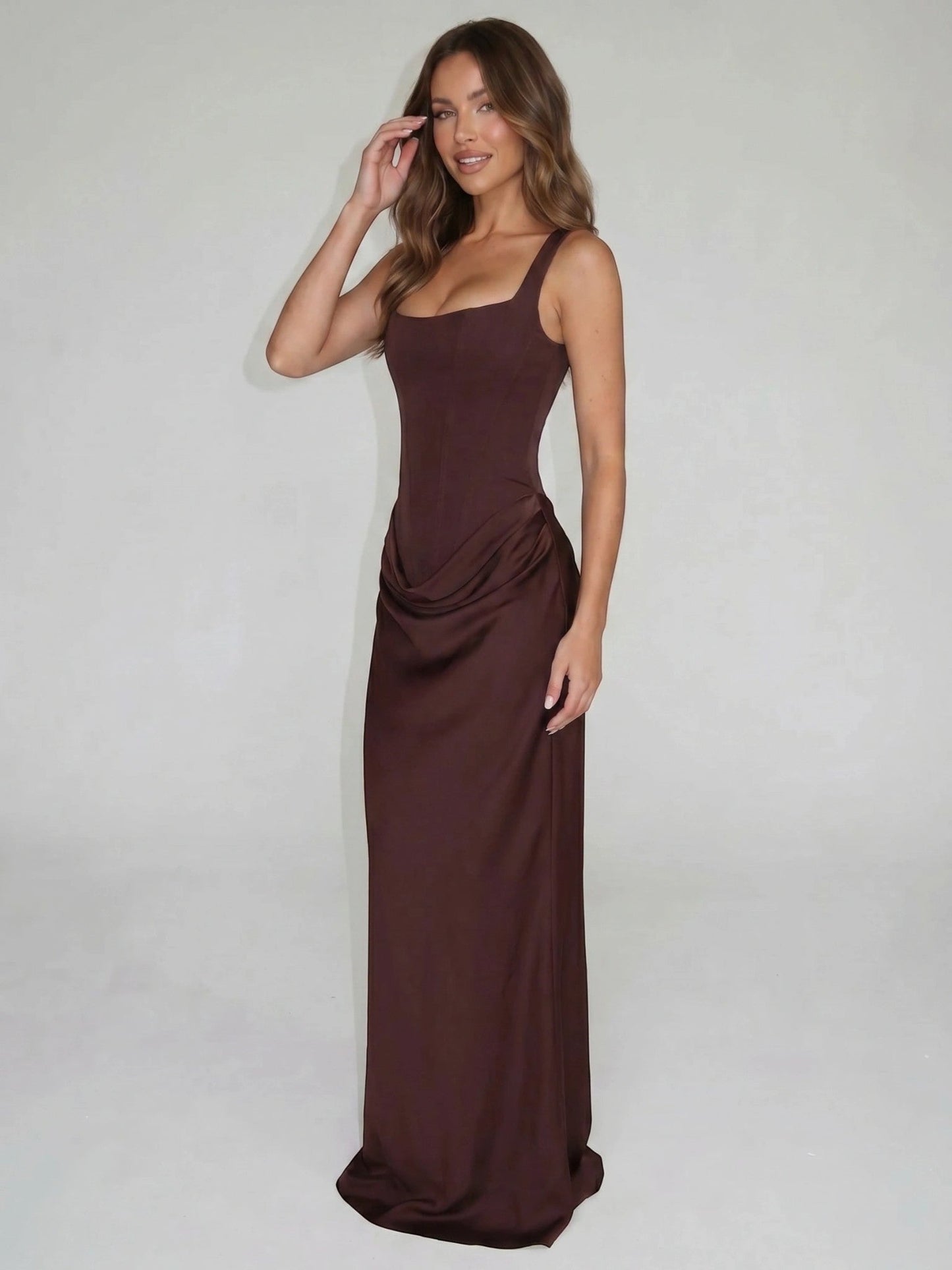 Lilliana — Elegant Sleeveless Bodycon Evening Dress With Open Back Detail Brown