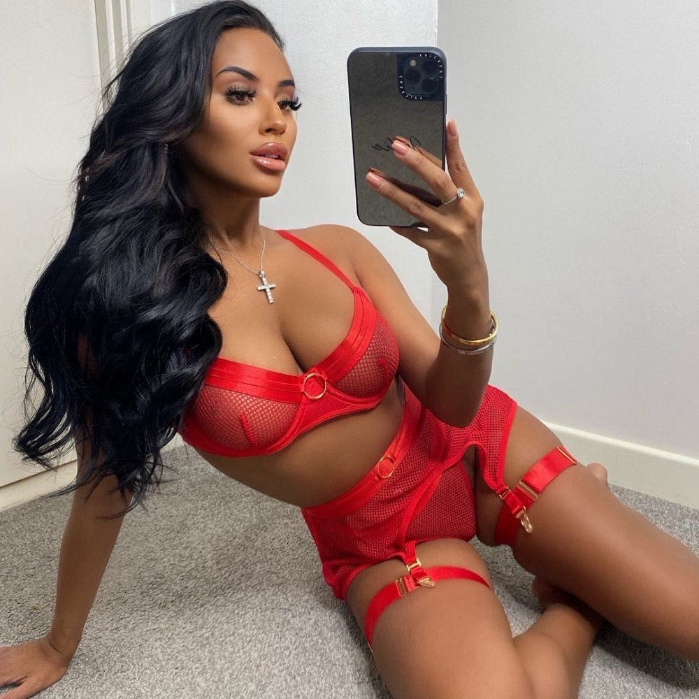 Ladies Sexy Black or Red Mesh Garter Set with Bra, Panty, Skirt & Choker