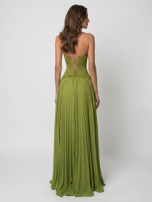 Mirabella — Elegant Draped Pleated Maxi Dress With Structured Corset Style