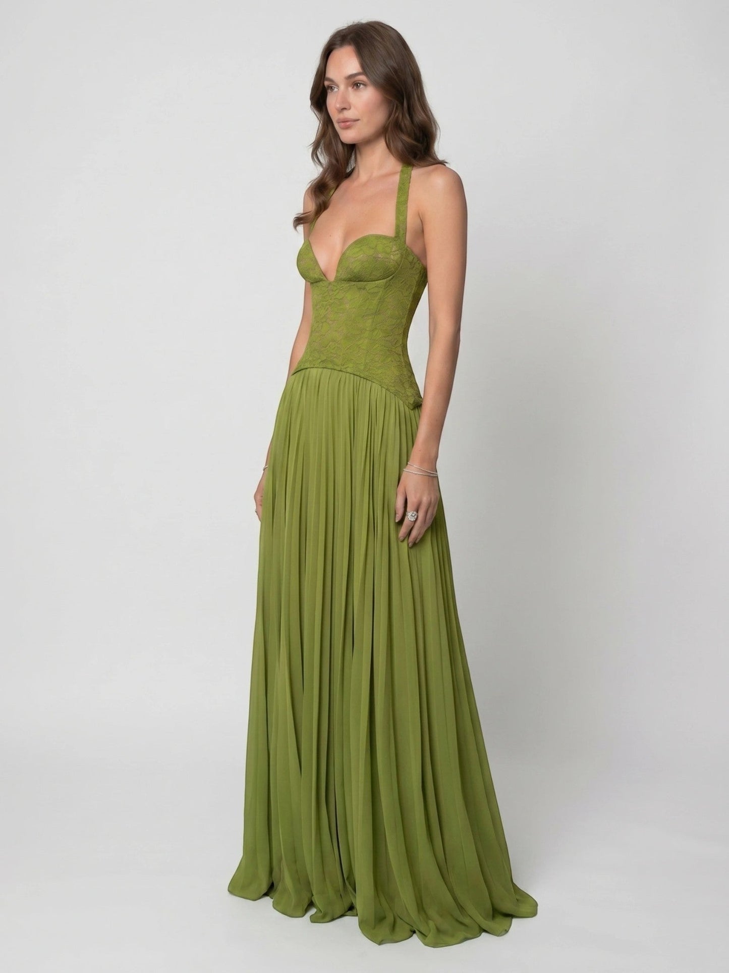 Mirabella — Elegant Draped Pleated Maxi Dress With Structured Corset Style Green