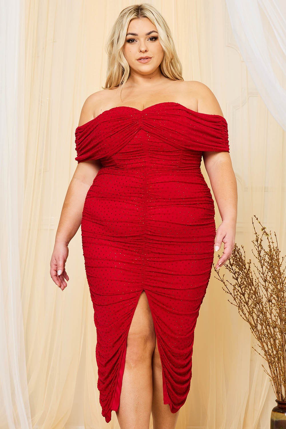 Monica Rhinestone Detail Shirring Side Off-the-Shoulder Plus Size Bodycon Midi Dress Red