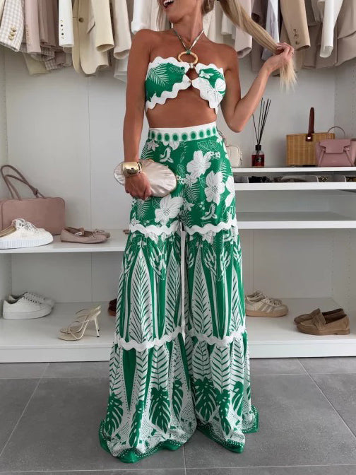 Casual Floral Print Tie Top Wide-leg Pants Two-piece Set Green