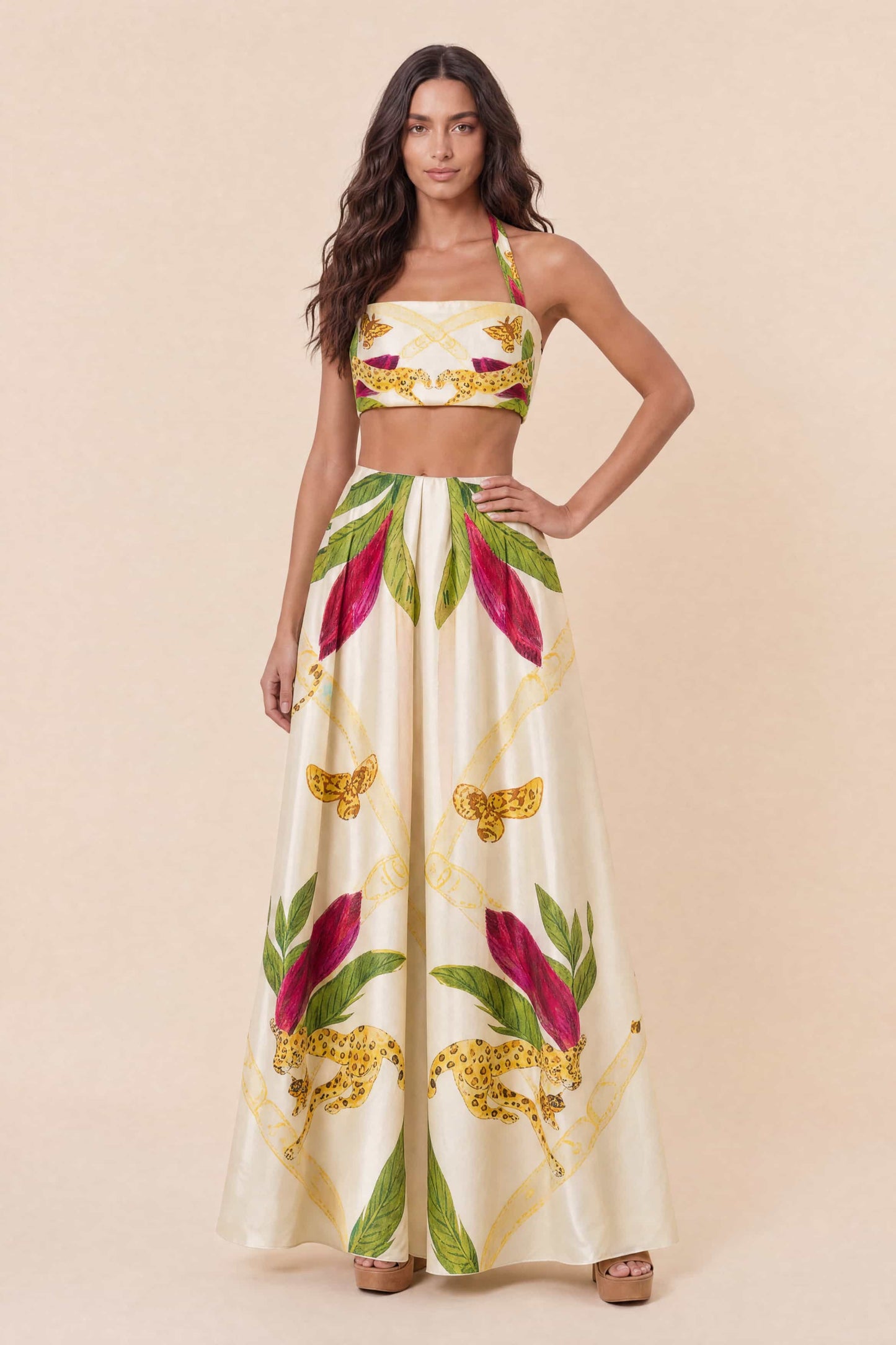 Printed Lace-Up Top And Skirt Set Printed