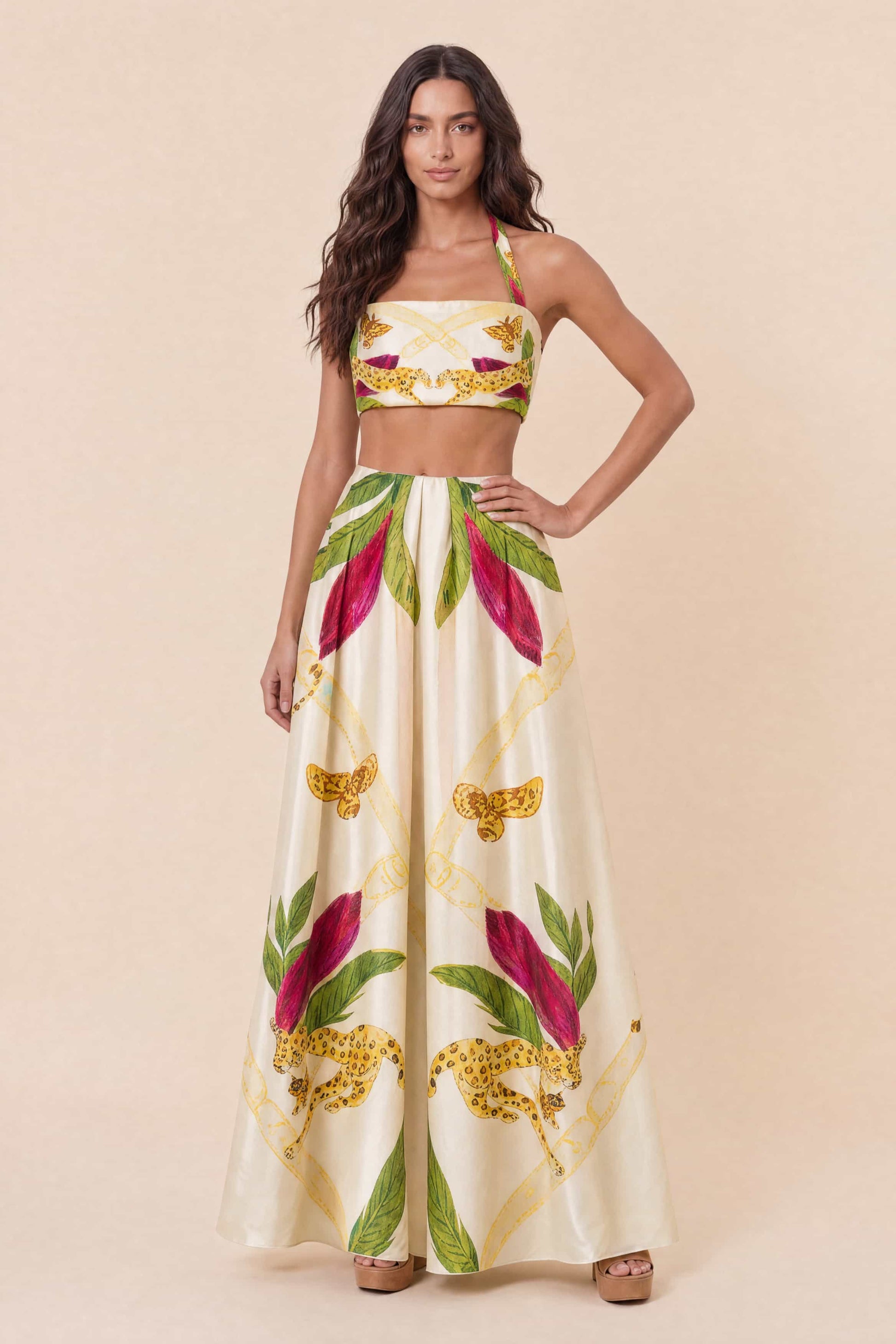 Printed Lace-Up Top And Skirt Set Printed