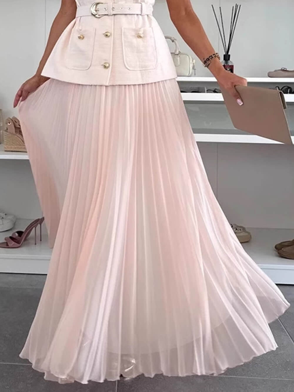 Exquisite And Beautiful Mesh Pleated Maxi Skirt Pink
