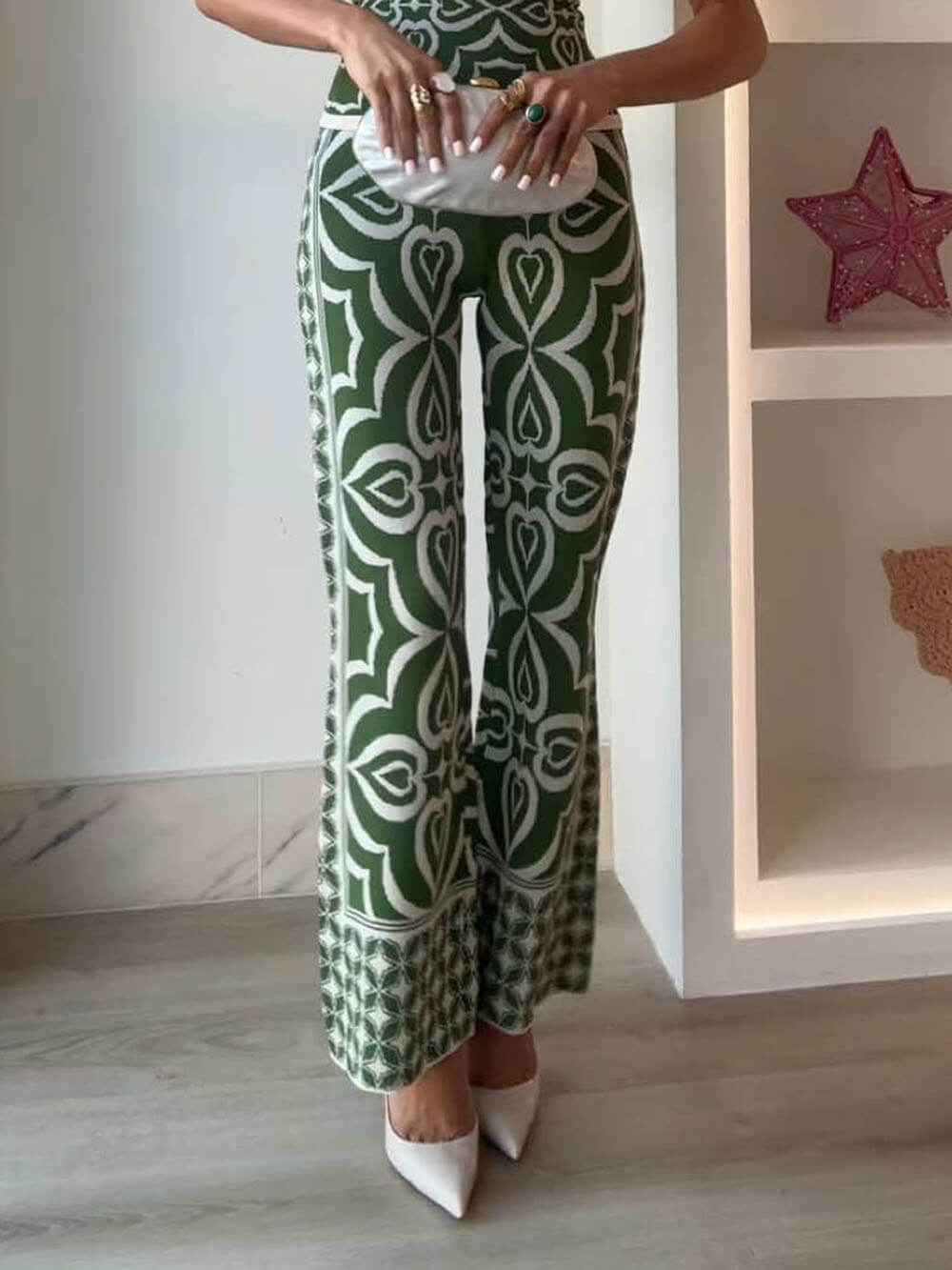 Spring-Inspired Tile Print Slim-Fit Stretch Knit Jacquard Pants Green