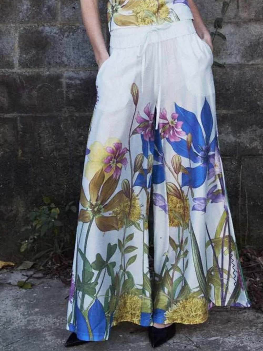 Unique Garden Print Elastic Waist Wide-Leg Pants Multicolor