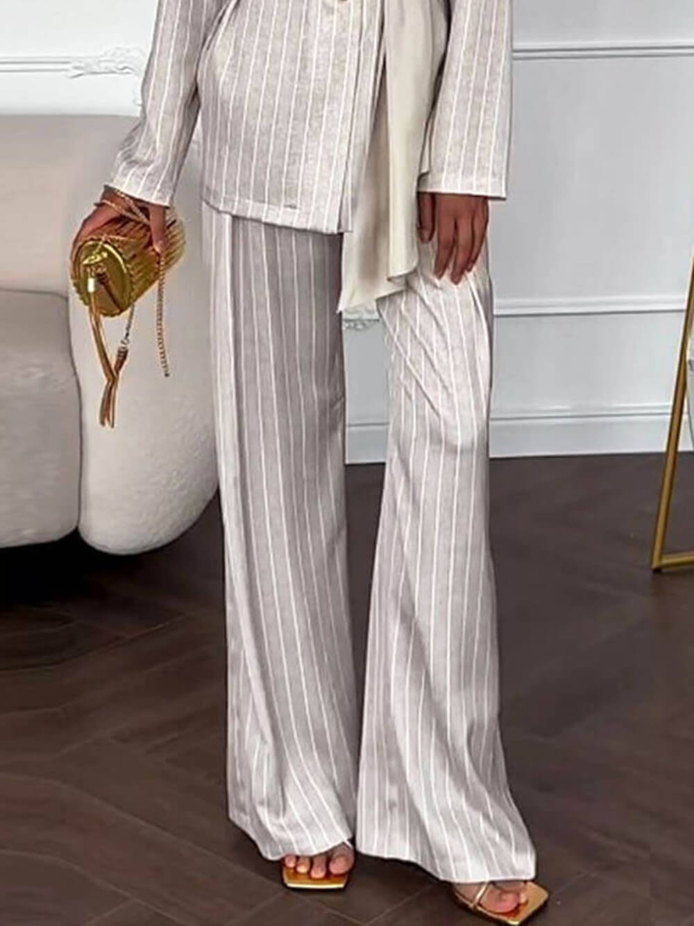 Exquisite Striped Print High-Waist Straight Pants Apricot