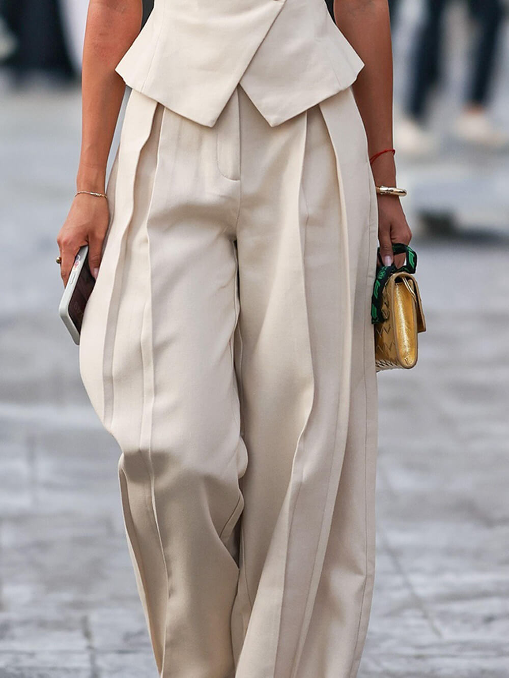 Casual High-Waisted Pleated With Pockets Wide-Leg Pants Apricot
