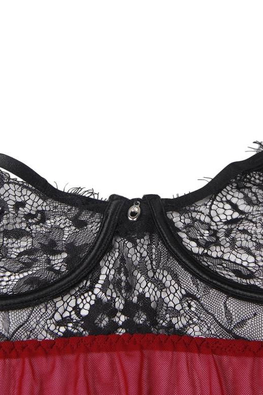 Ladies Wine Sexy Sheer Mesh with Lace Baby Doll