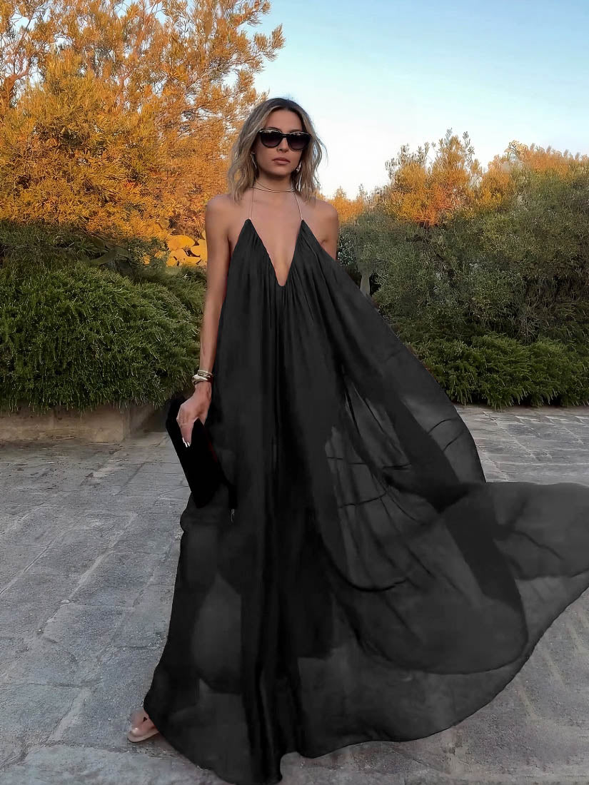 Elegant Black V-neck Chiffon Flowy Maxi Dress