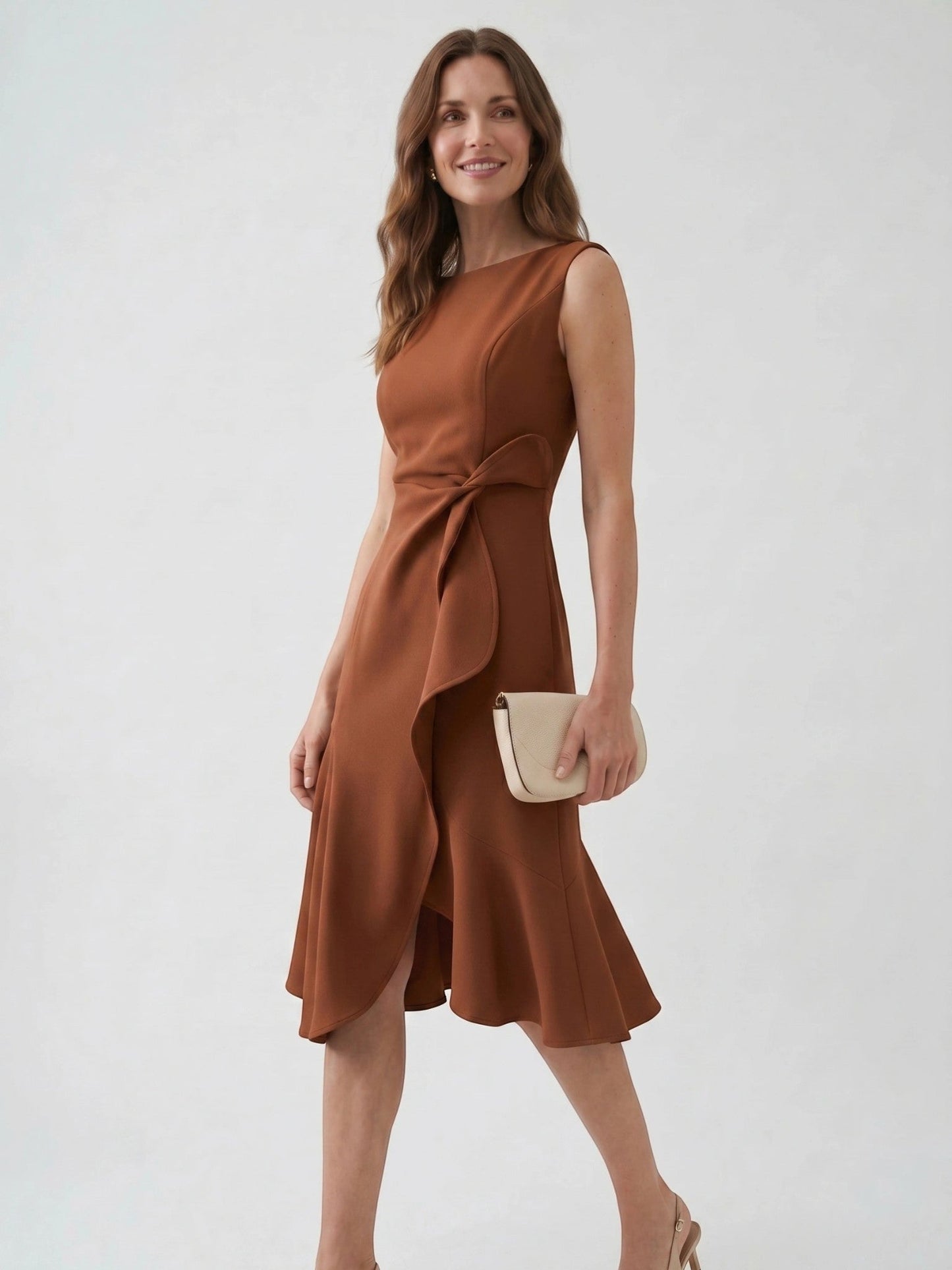 Scarlett — Elegant Wrap Front Midi Dress With Timeless Fit And Flare Style Coffee