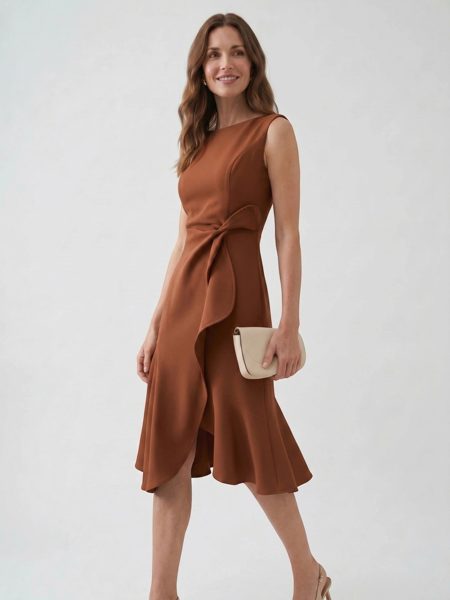 Scarlett — Elegant Wrap Front Midi Dress With Timeless Fit And Flare Style Coffee