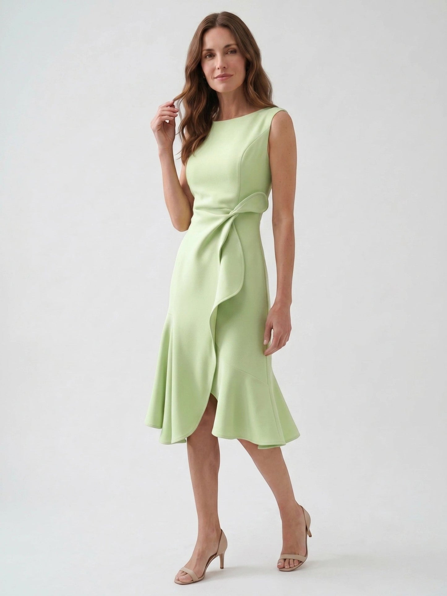 Scarlett — Elegant Wrap Front Midi Dress With Timeless Fit And Flare Style Light Green