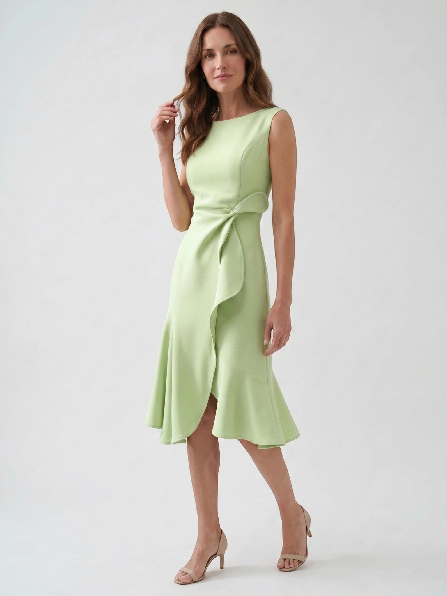 Scarlett — Elegant Wrap Front Midi Dress With Timeless Fit And Flare Style Light Green