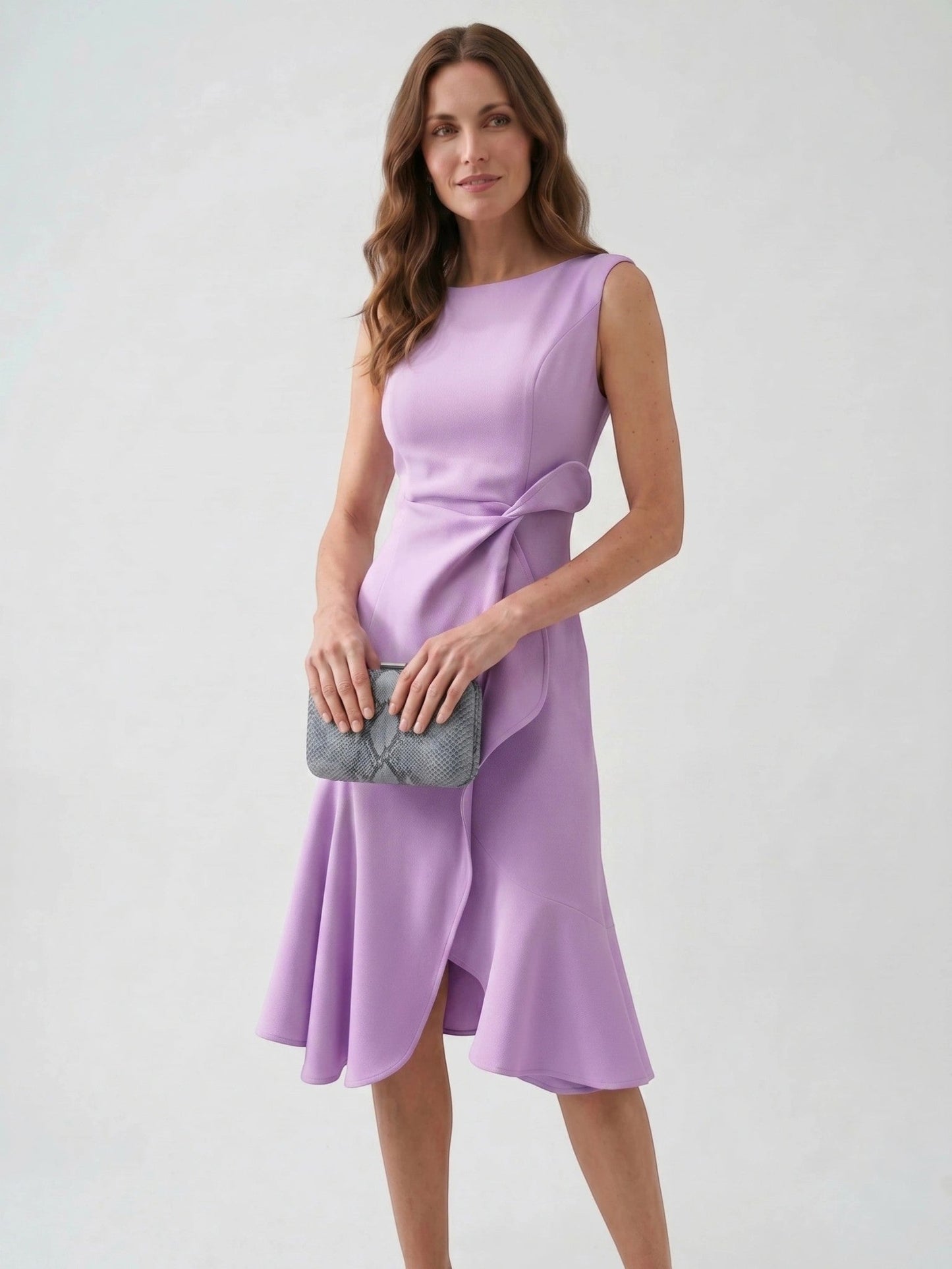 Scarlett — Elegant Wrap Front Midi Dress With Timeless Fit And Flare Style Violet