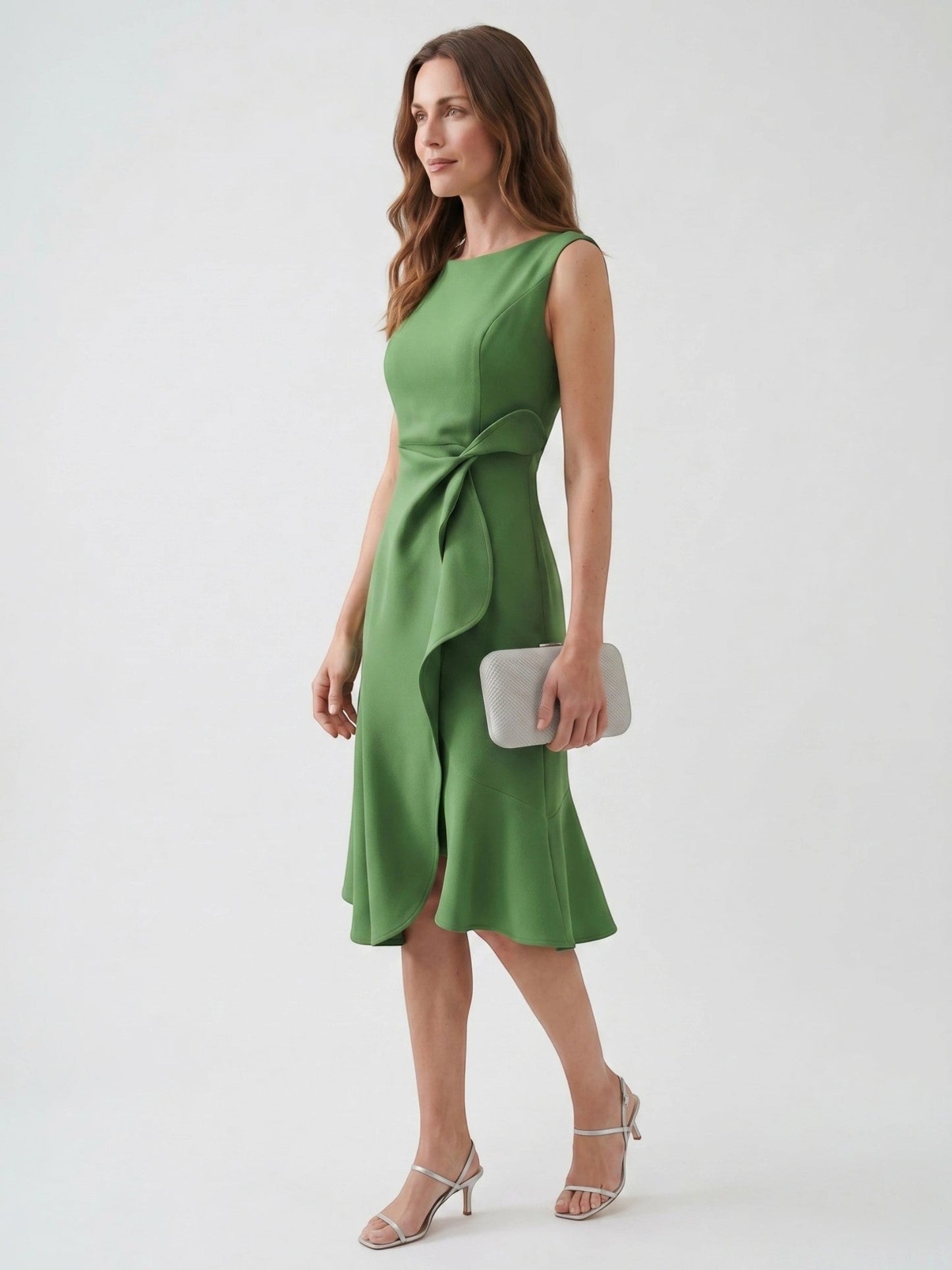 Scarlett — Elegant Wrap Front Midi Dress With Timeless Fit And Flare Style Green
