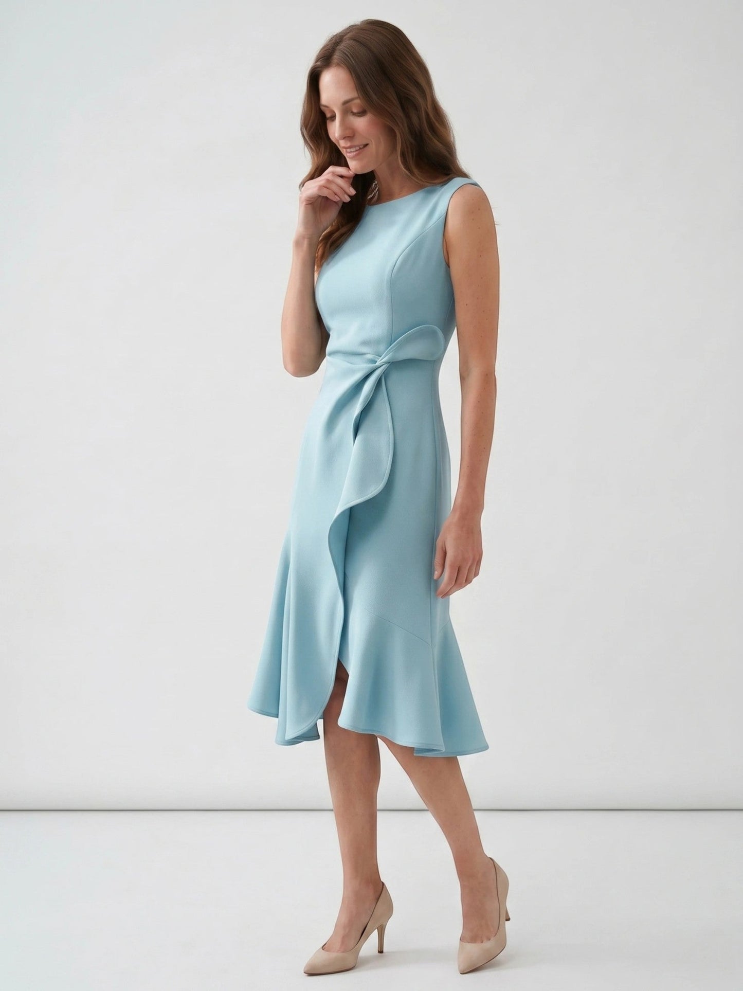 Scarlett — Elegant Wrap Front Midi Dress With Timeless Fit And Flare Style Light Blue