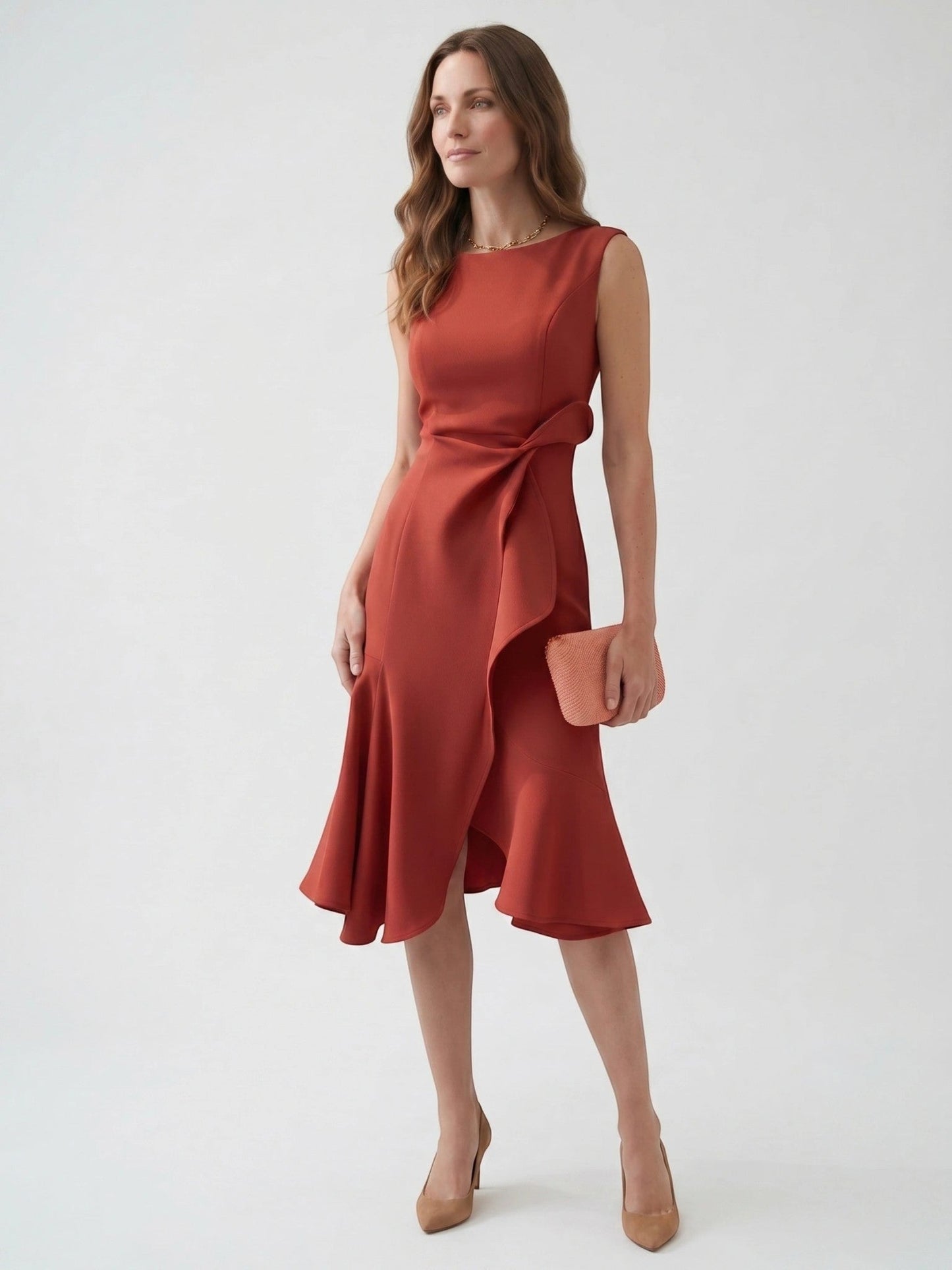 Scarlett — Elegant Wrap Front Midi Dress With Timeless Fit And Flare Style Red