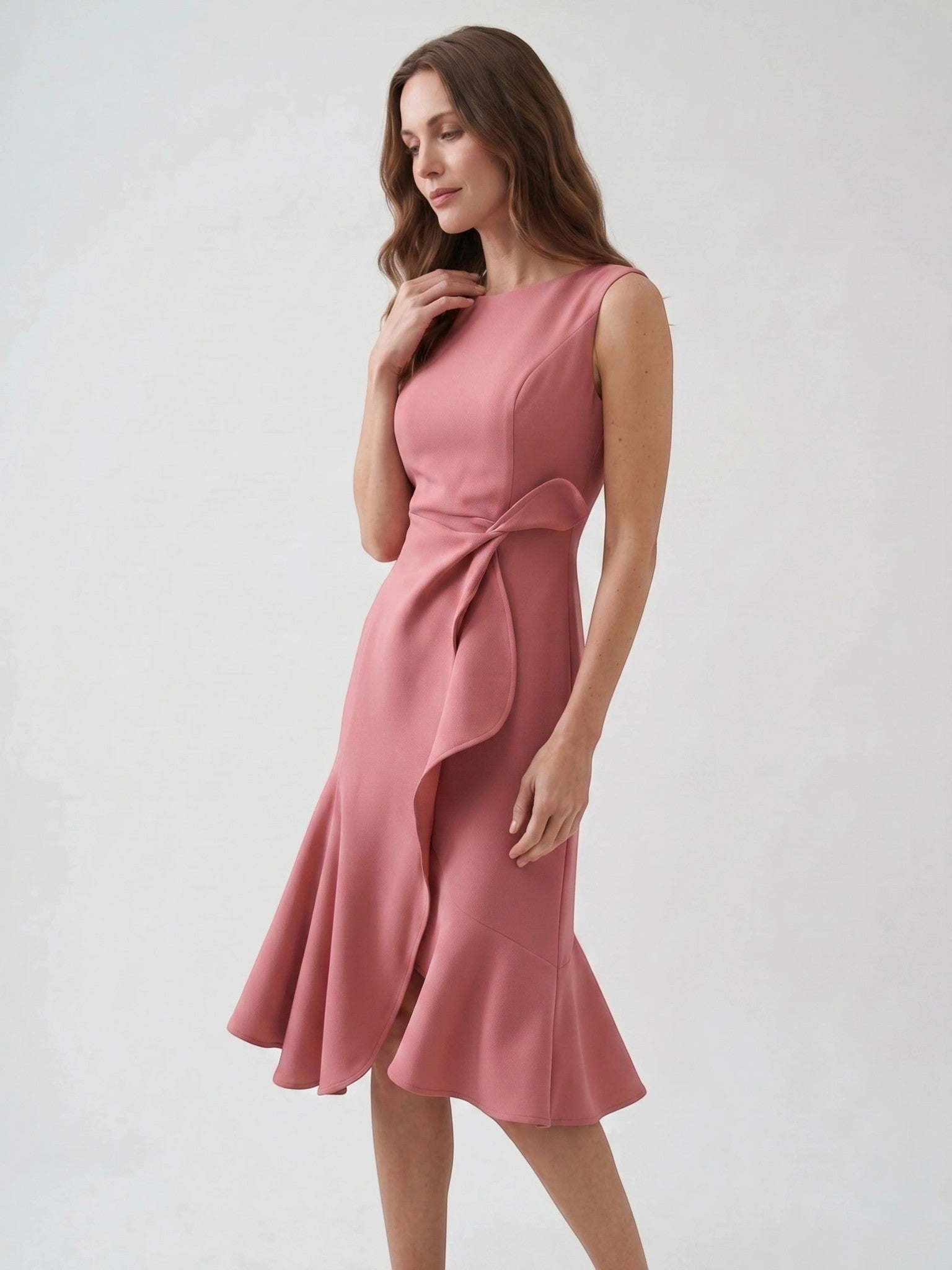 Scarlett — Elegant Wrap Front Midi Dress With Timeless Fit And Flare Style Pink