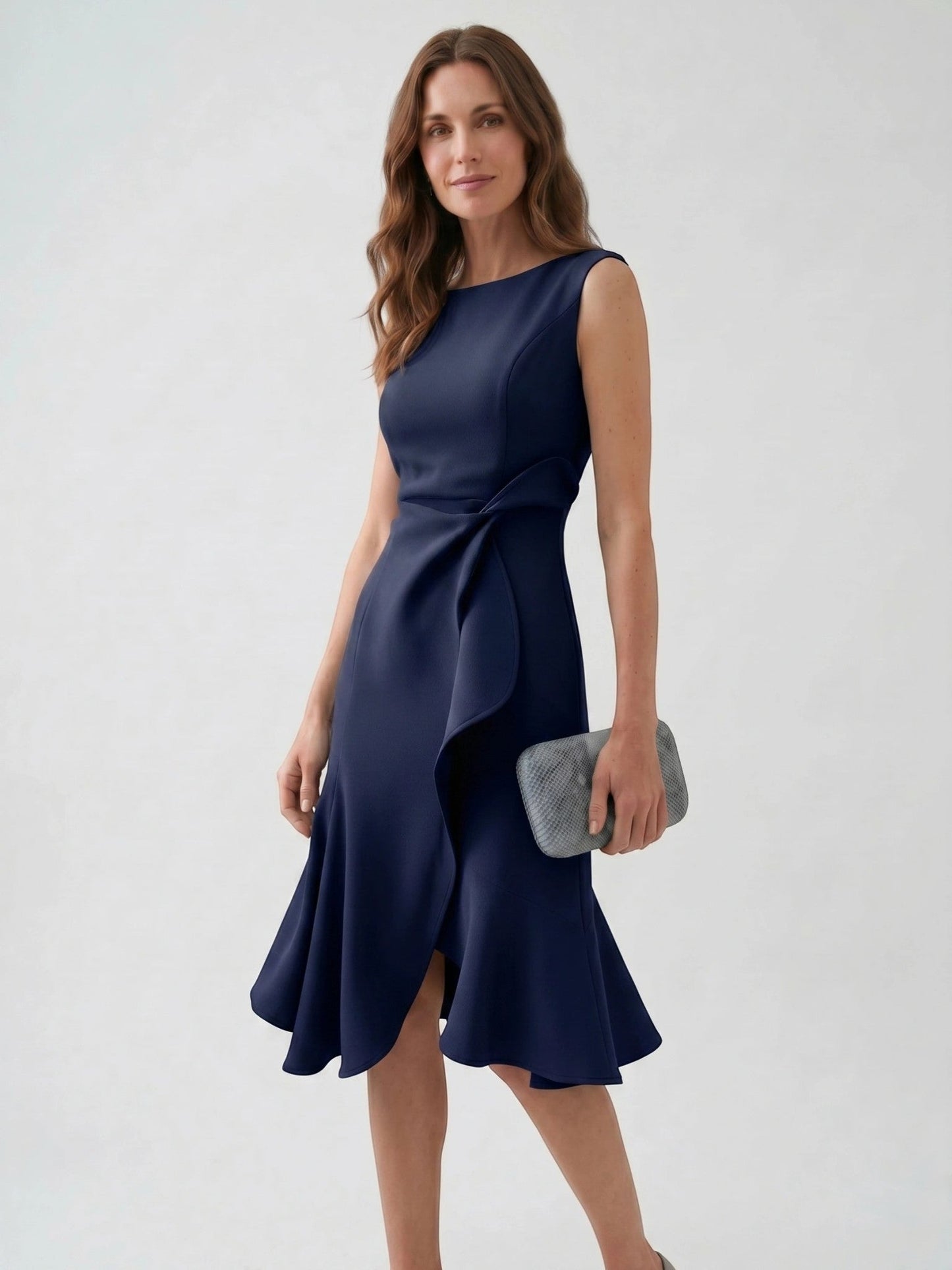 Scarlett — Elegant Wrap Front Midi Dress With Timeless Fit And Flare Style Navy Blue