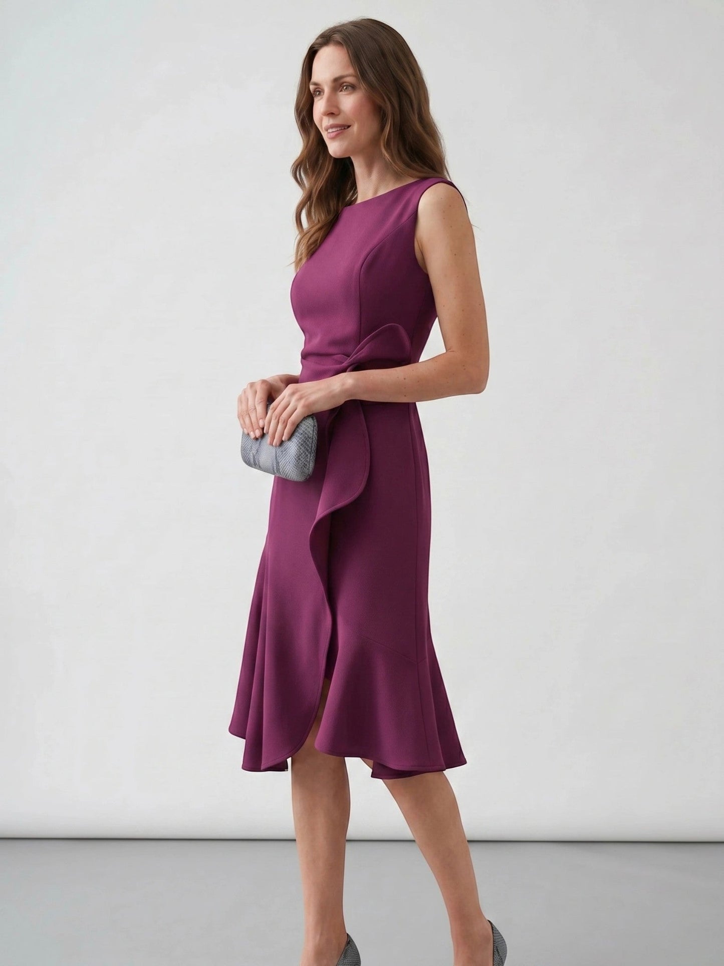 Scarlett — Elegant Wrap Front Midi Dress With Timeless Fit And Flare Style Purple