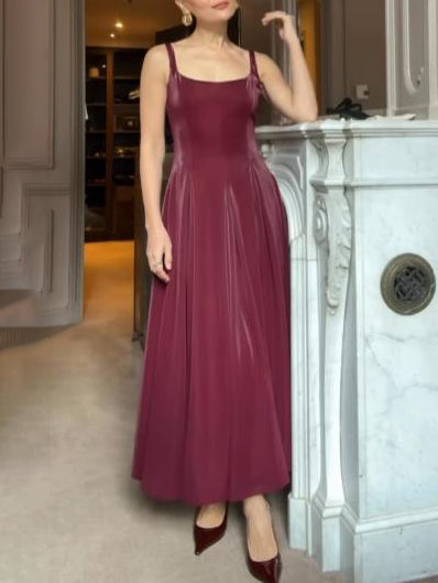 Elegant Square Neckline Pleated A-line Maxi Dress Red