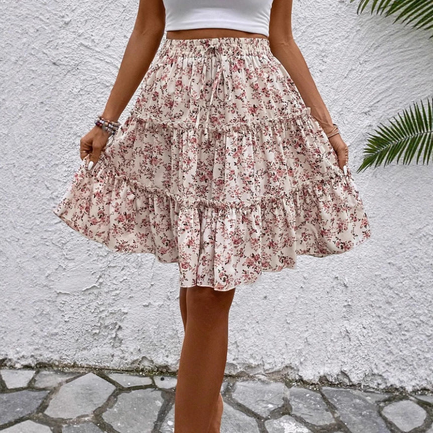 Camellia — Floral Print Midi Skirt With Relaxed Flared Ruffled Hem For Summer Apricot