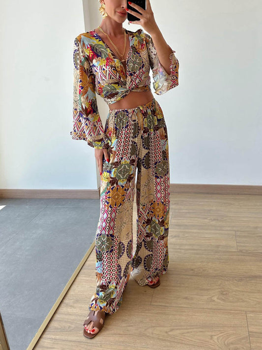 Retro Plant Print Short Wide-leg Pants