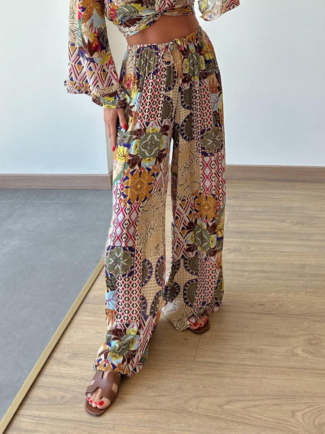 Retro Plant Print Short Wide-leg Pants Multi