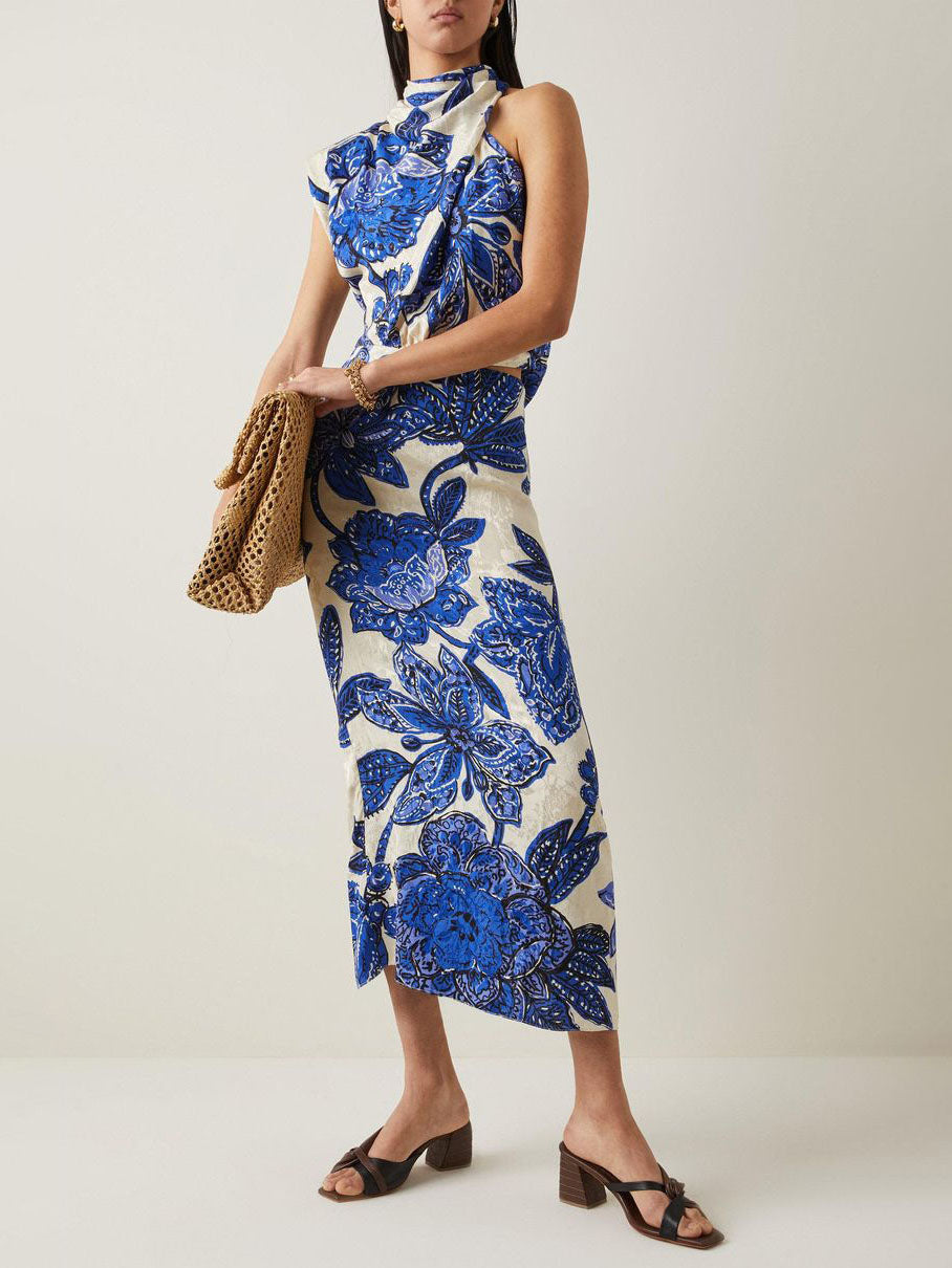Elegant Cutout Drape Floral Print Midi Dress Blue