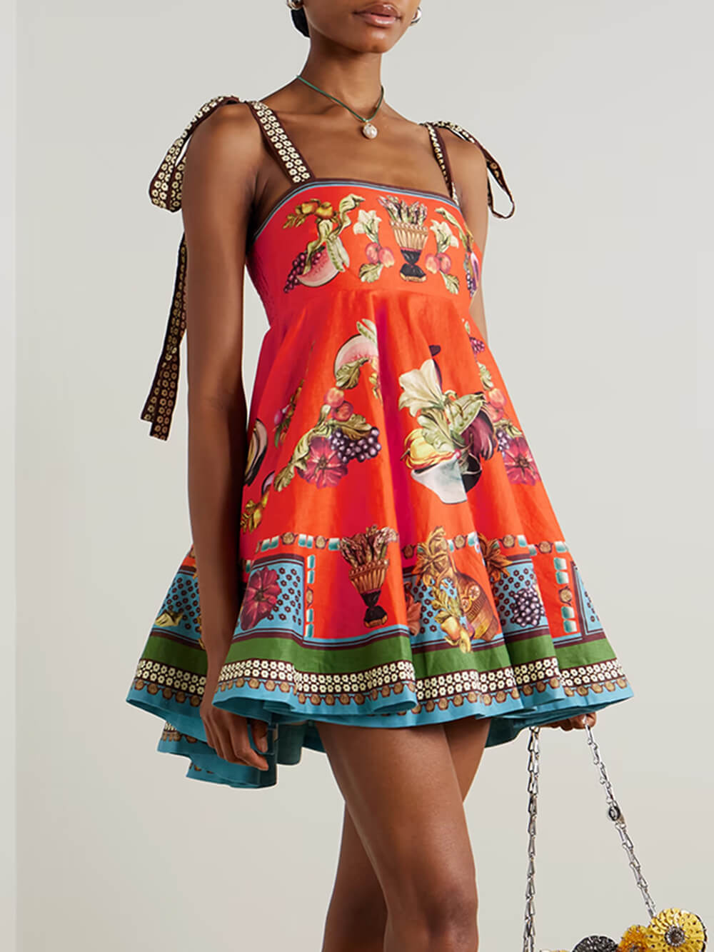 Retro Print Linen Mini Dress Orange