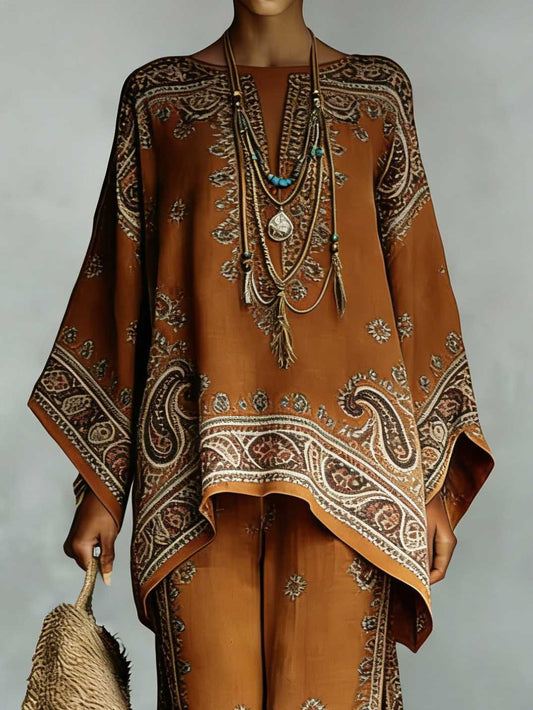 Bohemian Paisley Print Batwing Sleeve Two-Piece Set