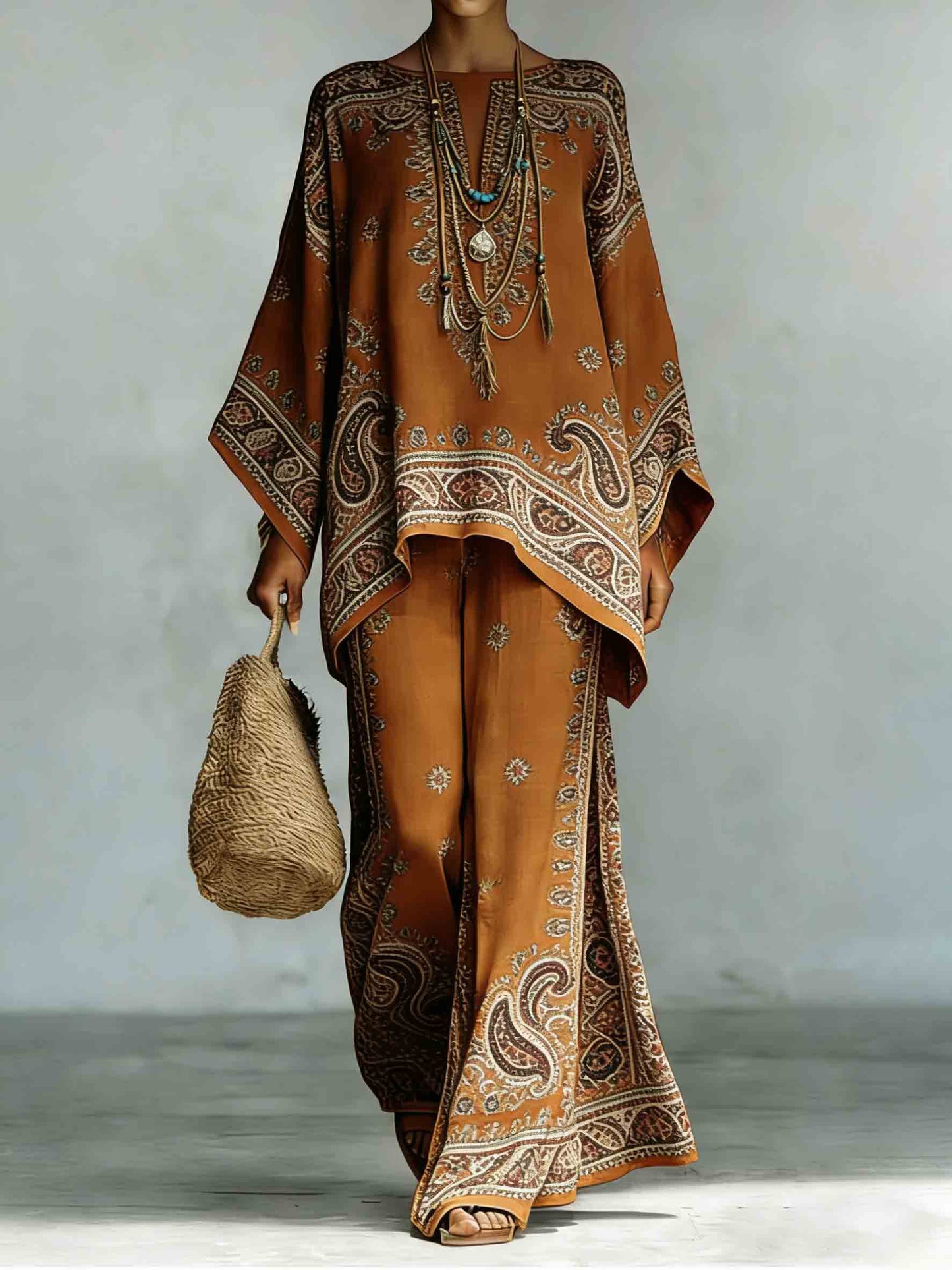 Bohemian Paisley Print Batwing Sleeve Two-Piece Set Brown Set