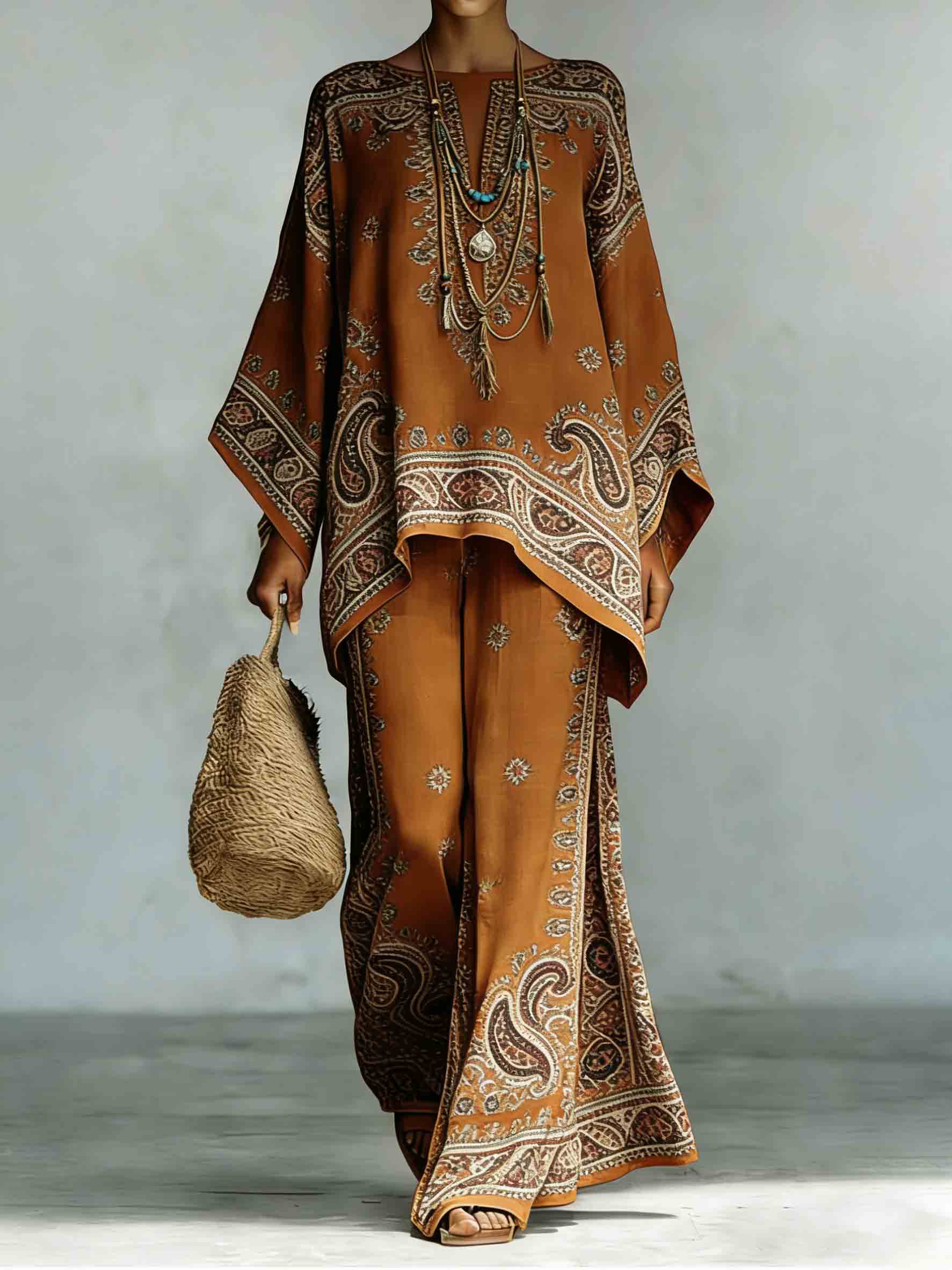 Bohemian Paisley Print Batwing Sleeve Two-Piece Set Brown Set