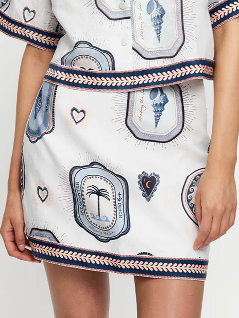 Retro Seashell Print Loose Top White Skirt