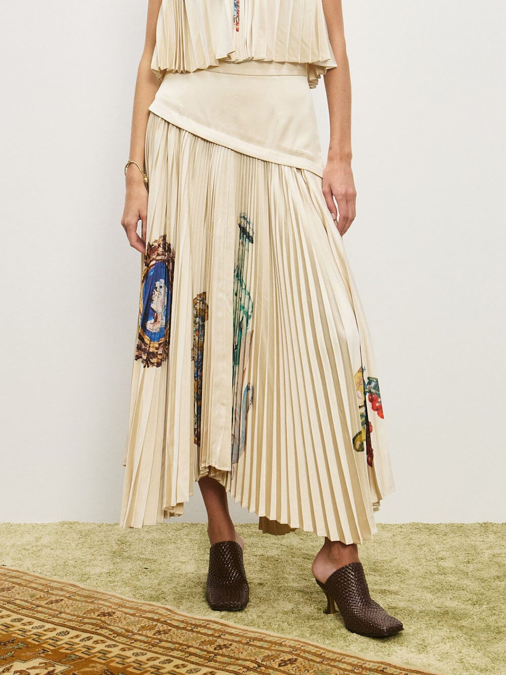 Retro Printed Ruched Patchwork Asymmetric Pleated Skirt Apricot