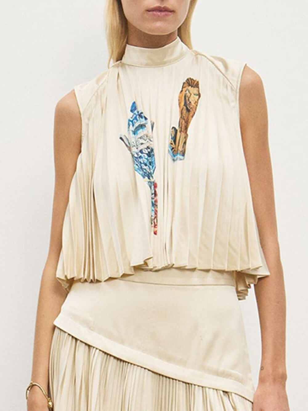 Retro Printed Ruched Tank Top Off-White