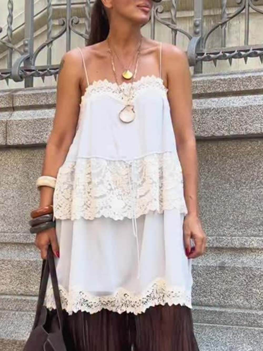 Delicate Lace Paneled Loose-Fitting Tank Top White