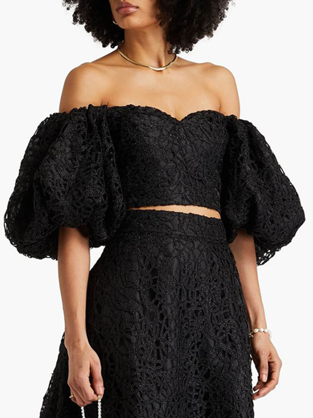 Delicate Off-Shoulder Lace Crochet Wide-Sleeve Top Black