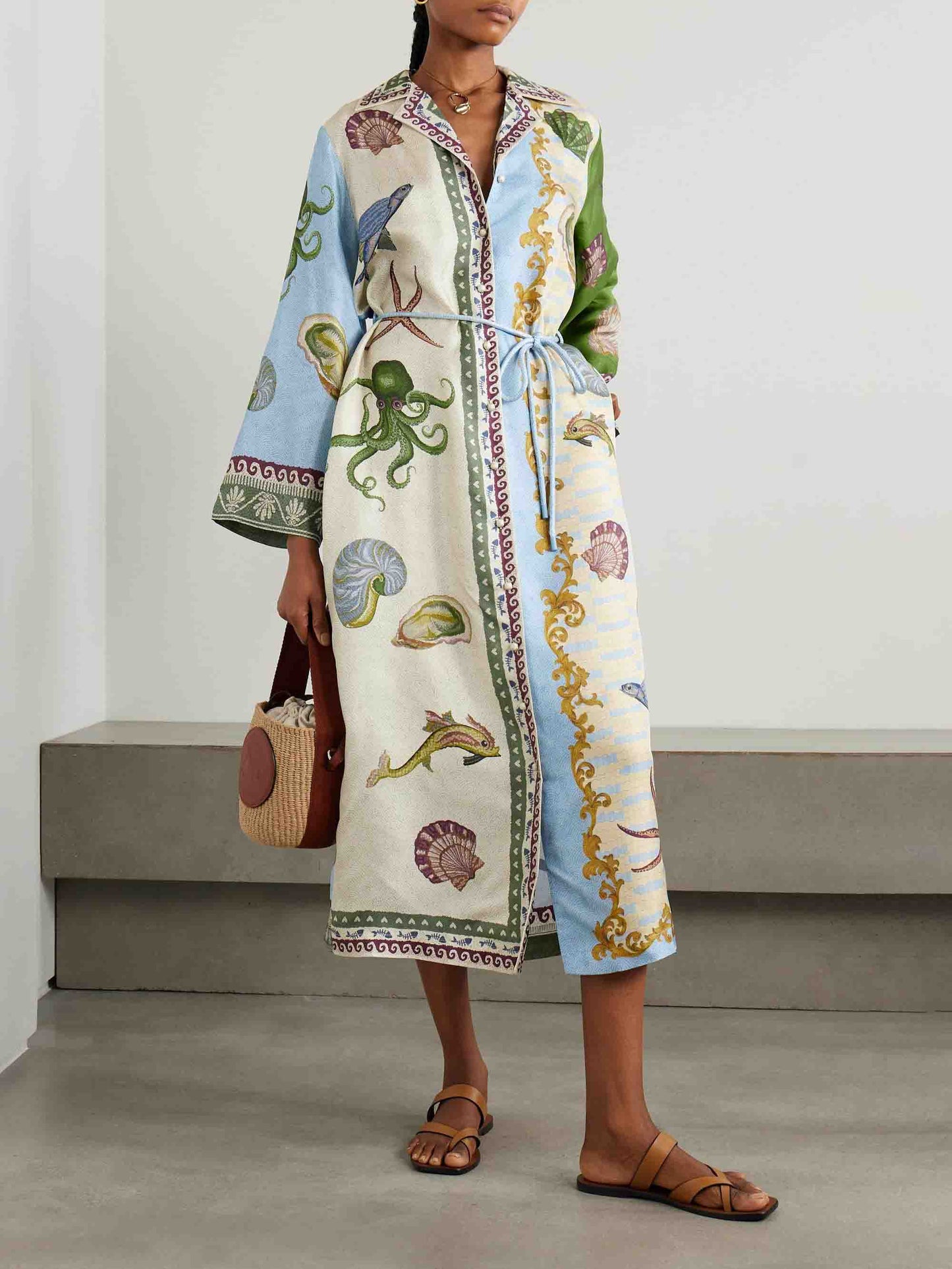 Unique Deep Sea Floral Print Single Breasted Midi Shirt Dress Blue