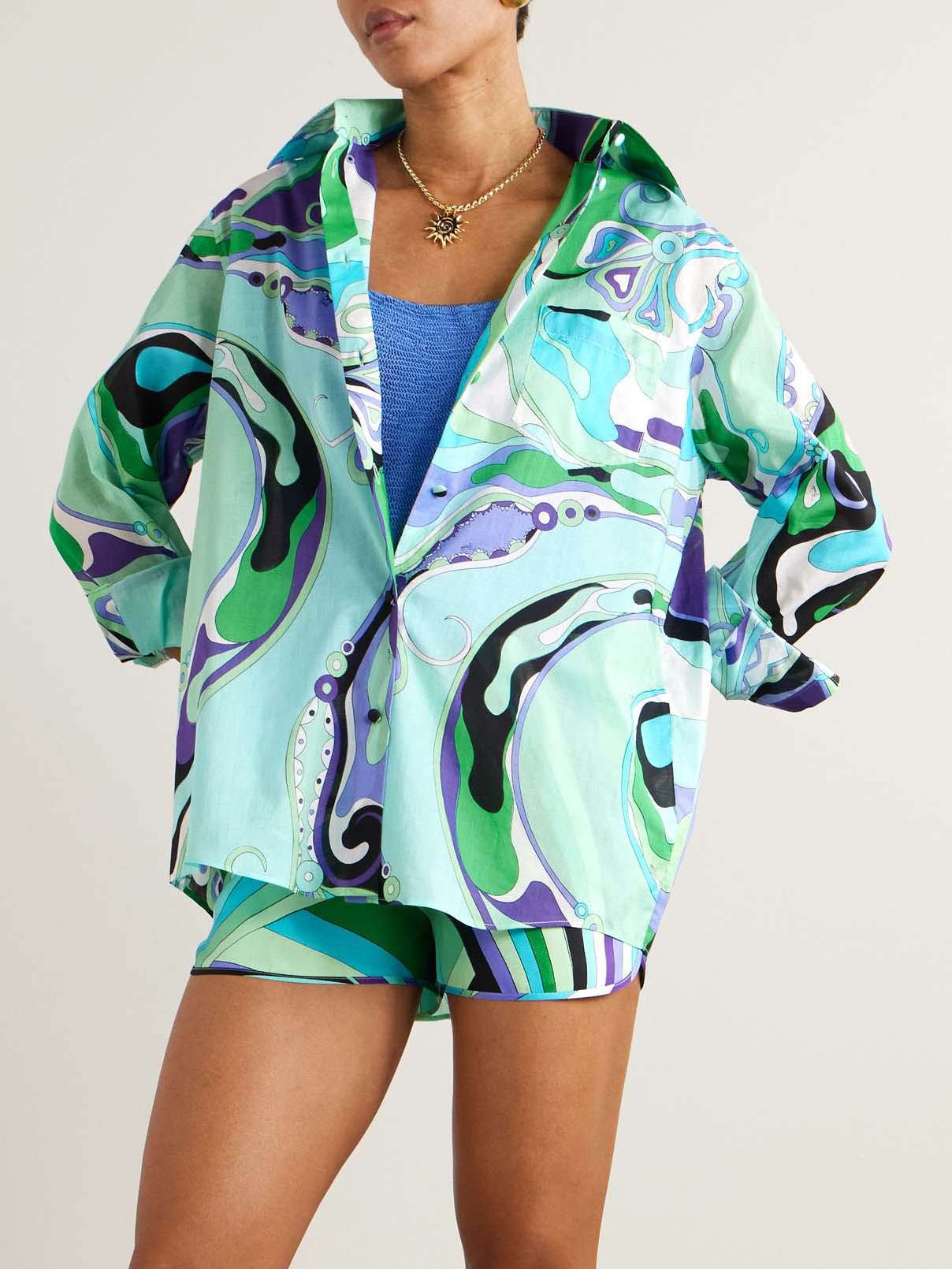 Unique Abstract Floral Print Long Sleeve Shorts Two Piece Set Green