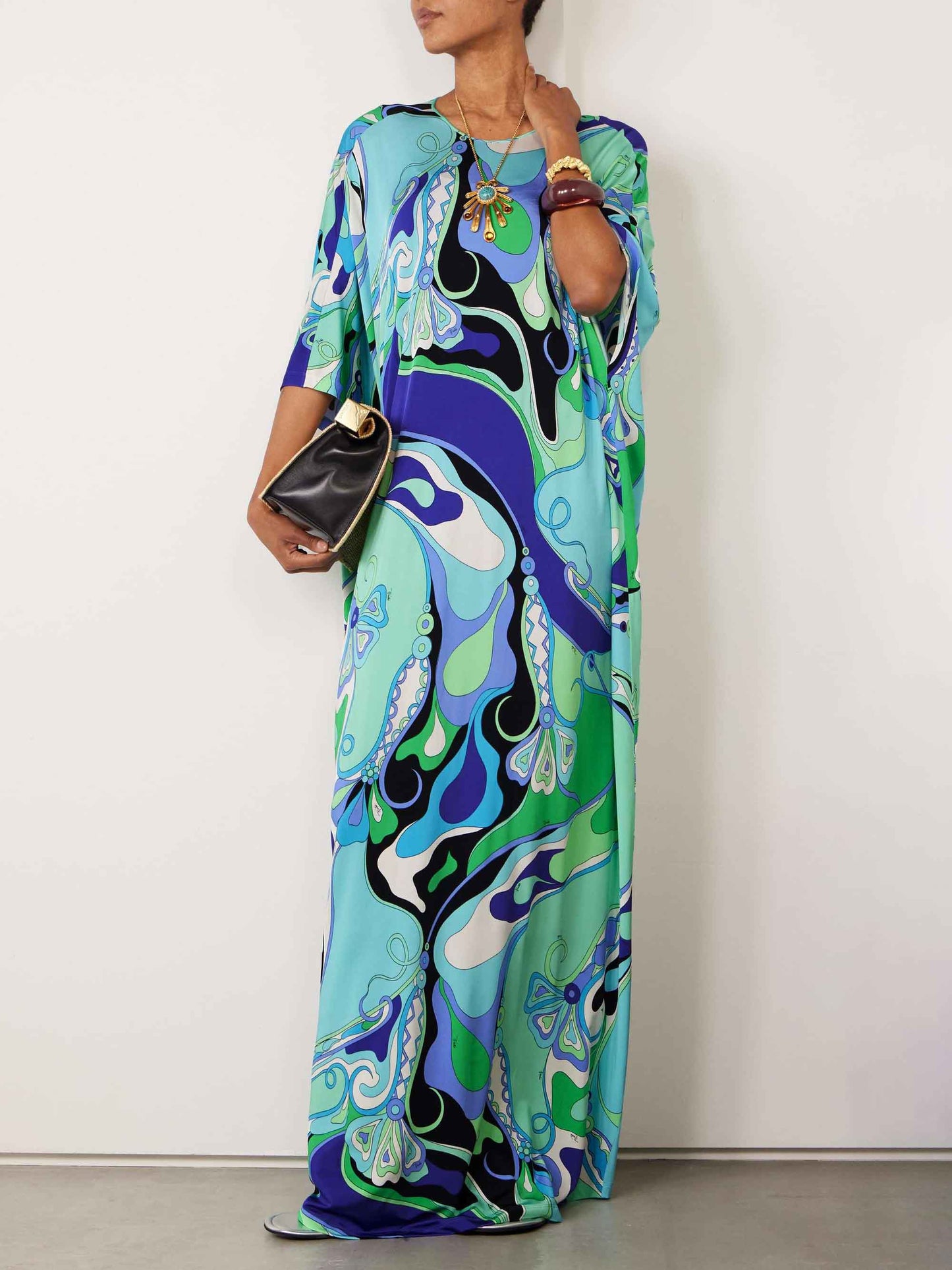 Unique Abstract Floral Print Robe Maxi Dress Green